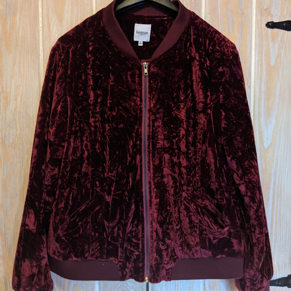 Crushed velvet zip up bomber jacket.